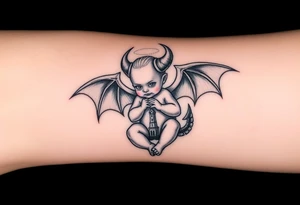 Demon baby with halo and angle wings and clock tower behind him tattoo idea