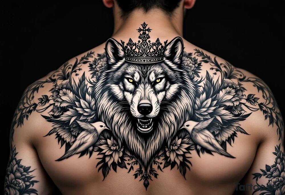 powerful majestic wolf with a crown, surrounded by floral ornaments and birds tattoo idea