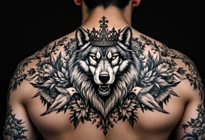 powerful majestic wolf  with a crown, surrounded by floral ornaments and birds tattoo idea