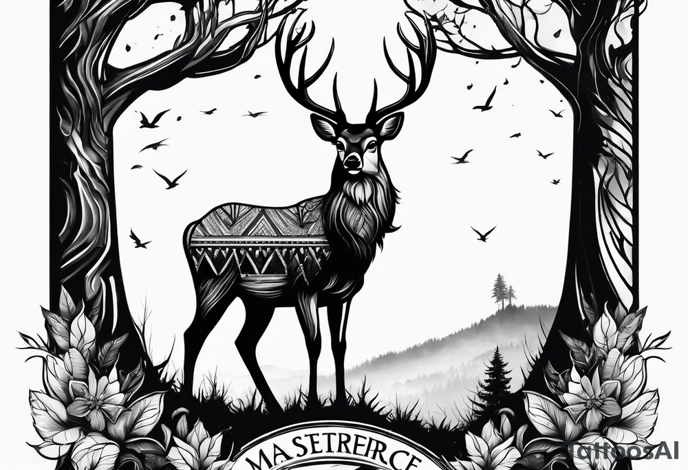 Trees with a tree stand and a deer in front tattoo idea