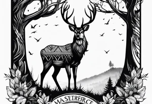 Trees with a tree stand and a deer in front tattoo idea