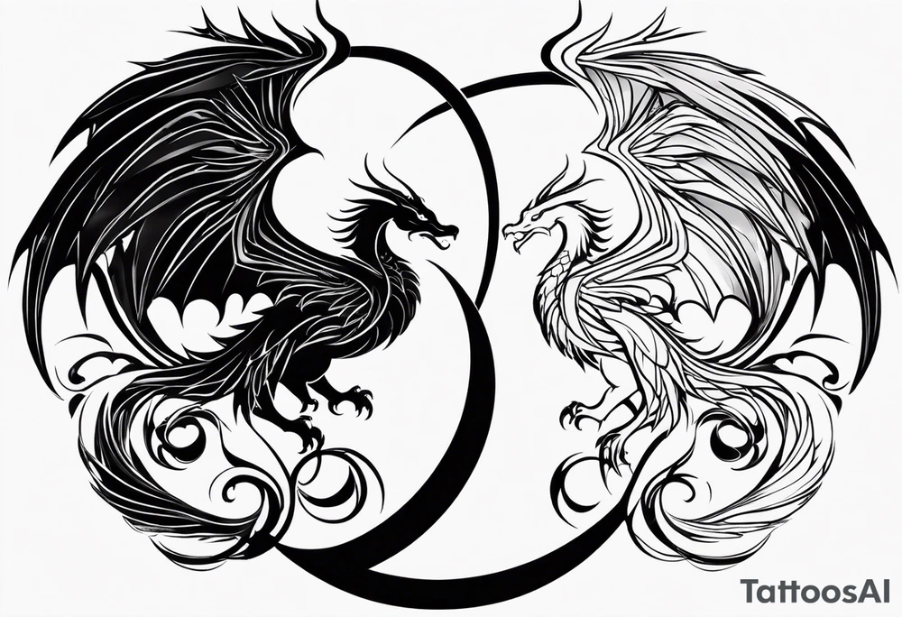 For a Gen Z-inspired dragon and phoenix tattoo, think of a clean, minimalist design that combines symbolism with bold, sleek lines. Imagine a dragon and phoenix spiraling together in a yin-yang-inspired layout. The dragon has a slightly abstract, modern shape, with sharp, flowing lines to show power, resilience, and wisdom, while the phoenix is rendered with sweeping curves and minimal detailing, symbolizing rebirth, growth, and transformation.

Both creatures should interact harmoniously, representing balance and duality. To keep it meaningful, focus on line work rather than intricate shading—clear, open spaces allow the tattoo to feel light and energetic. Adding small symbols, like stars or a faint galaxy backdrop, can enhance the "rising from ashes" and "strength through challenge" themes. This design will appeal timelessly while resonating with Gen Z’s love for symbolism and simplicity. tattoo idea