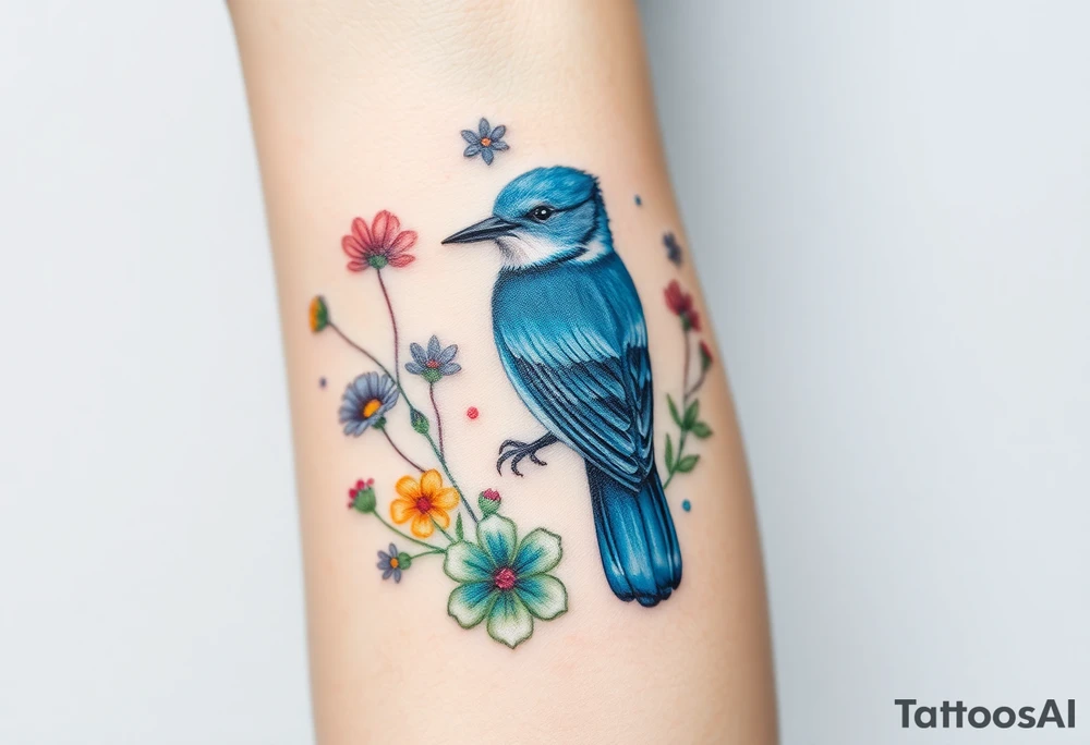 powerful majestic bluebird surrounded by wild flowers tattoo idea