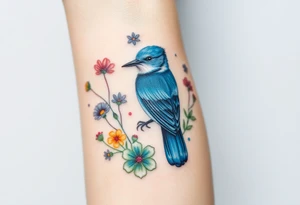 powerful majestic bluebird surrounded by wild flowers tattoo idea