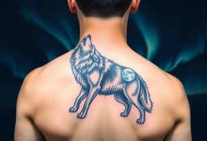 lone wolf howling at full moon with northern lights backdrop tattoo idea