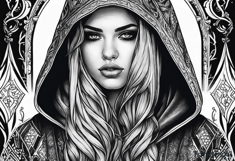 Hidden gothic hooded girl tattoo idea