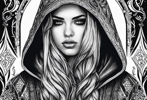 Hidden gothic hooded girl tattoo idea