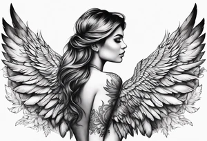 wings across upper back and shoulders with detailed feathers tattoo idea