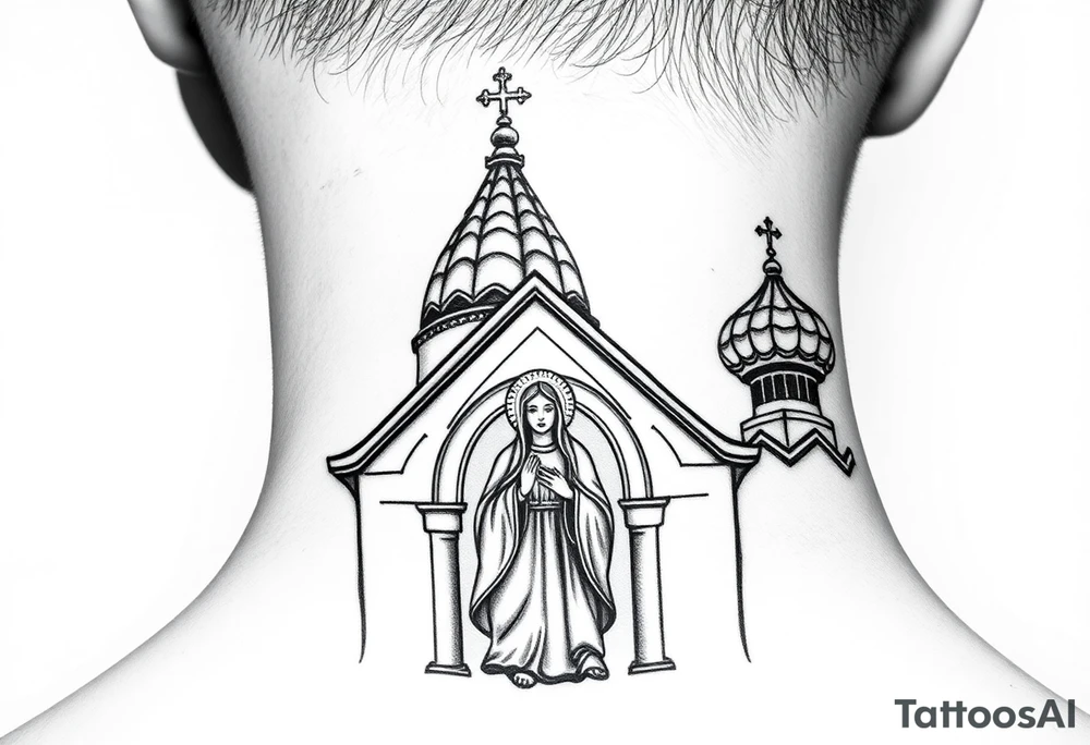 Flowing Scene

A onion domes orthodox church
Virgin Mary in prayer pose on the front doors of the russian orthodox church 
A small double headed russian coat of arms eagle or just the star tucked above the dome near the hairline tattoo idea