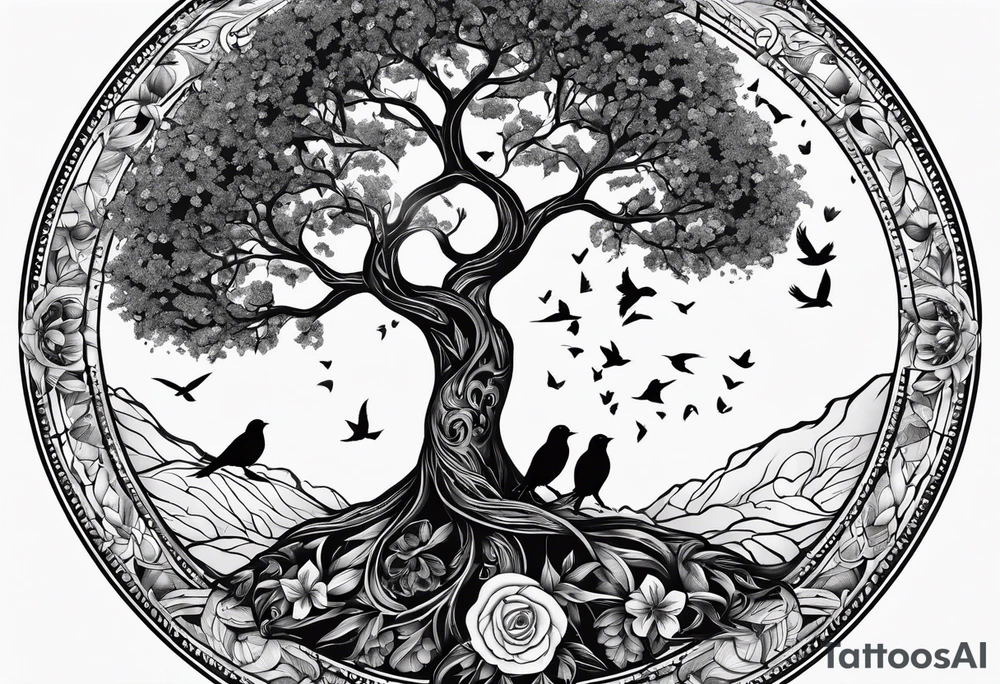 Tree of life in a broken circle with birds representing family members tattoo idea