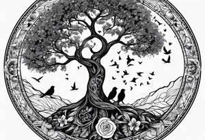Tree of life in a broken circle with birds representing family members tattoo idea