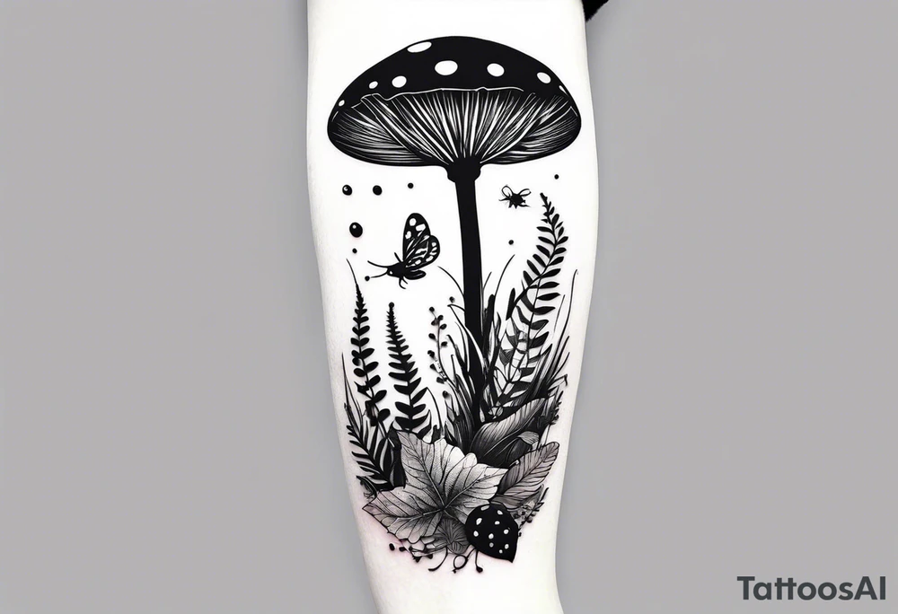 forest floor inspired minimalist tattoo, which includes grass, curly ferns, moss and dead leaves as the bulk of the tattoo. details to include: forest berries, a tiny bumblebee flying nearby, three small brown mushrooms
Generate a vertically long one tattoo idea