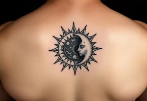 celestial sun and moon embrace with constellation patterns tattoo idea