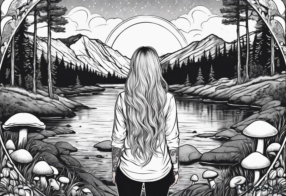 Whole picture encircled fully

Straight long blonde hair hippie girl in distance holding mushrooms in hand facing away toward mountains and creek surrounded by mushrooms long sleeve shirt and hiking pants; whole rendering within a full circle, no cut off circle tattoo idea