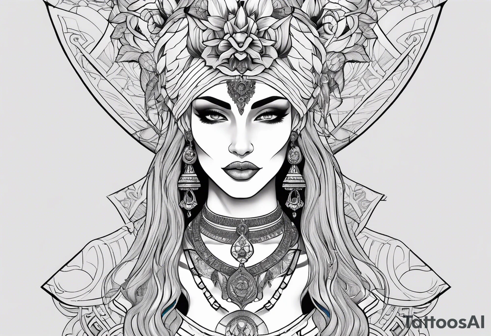 kali ma, alien goddess, valkrye, aries, pirate, divine feminine, zenza resonance, pachamama, lotus azul, blank panther, eagle, skull, 5D, nueva gaya, dna 12, left side chest tatoo tattoo idea