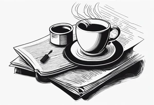 Coffee mug sitting on top of a folded newspaper, with a comb inside of the coffee mug tattoo idea