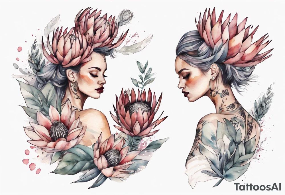Very feminine tattoo with a woman dancing in a wind of protea flowers tattoo idea