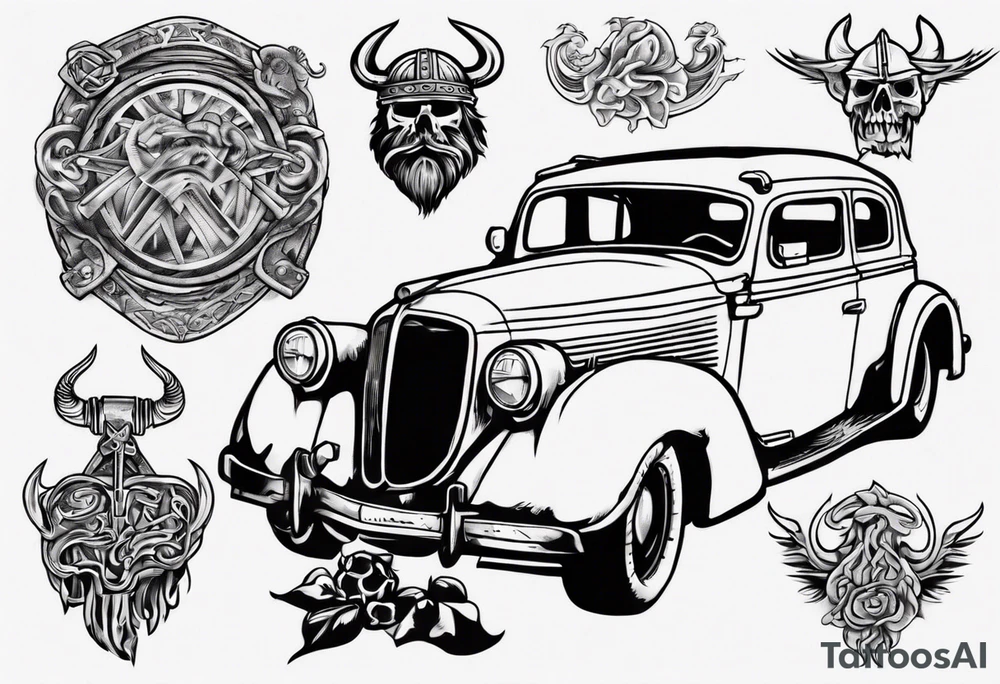 A Viking building an old vintage car tattoo idea