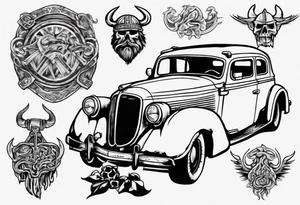A Viking building an old vintage car tattoo idea