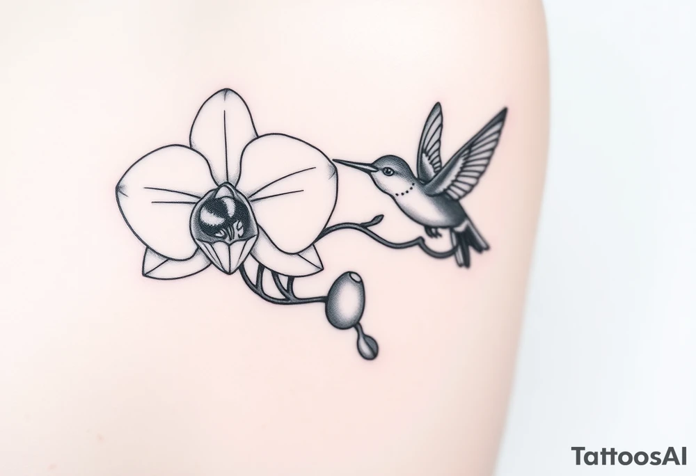 A delicate, black and white fine-line tattoo for male, featuring gracefully detailed 2 orchids in full bloom including their stems, with soft, intricate petals and elegant curves. Beside it, a hummingbird hovers mid-flight, its wings drawn with subtle motion lines, its slender beak reaching toward the orchid’s center to drink its nectar. on the other flower there is a bee that is resting tattoo idea
