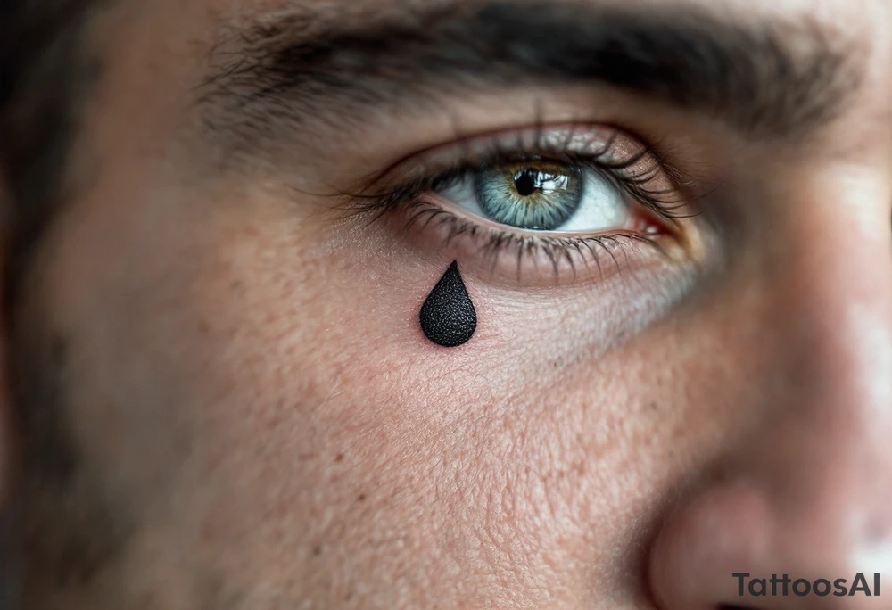 black ink bold teardrop under a man’s right eye – raw and confrontational. on man´s face under an eye. tattoo idea