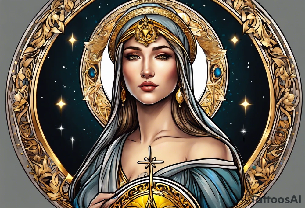 woman saint holding chalice surrounded by golden halo sideways tattoo idea