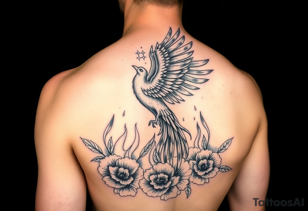 A pheonix rising out of fire surrounded by carnation flowers on the upper arm tattoo idea