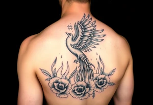 A pheonix rising out of fire surrounded by carnation flowers on the upper arm tattoo idea