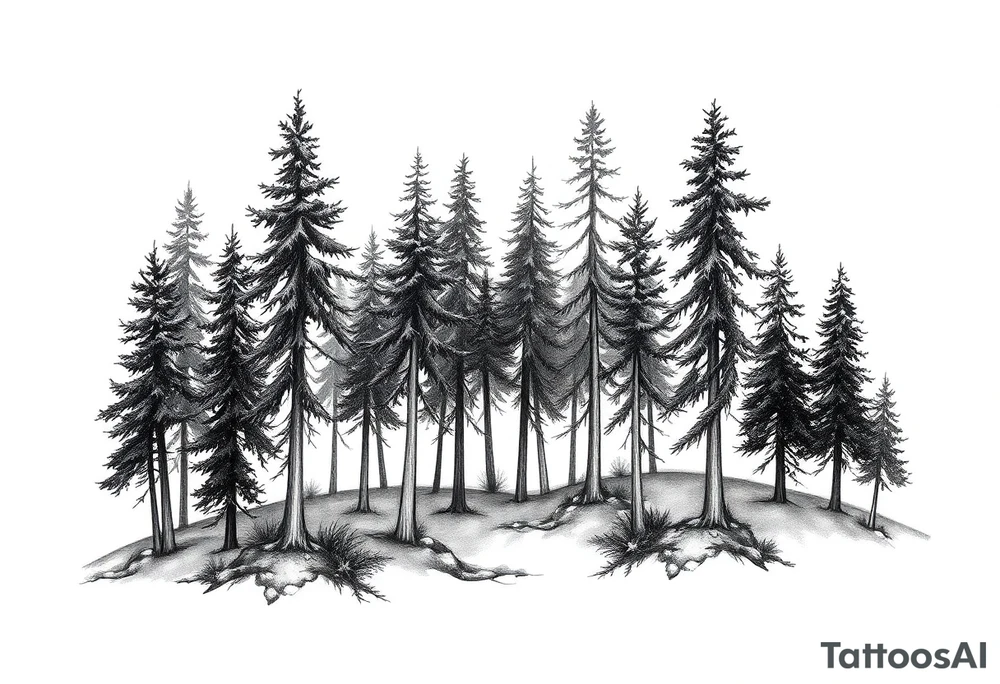 Needle forest with black and gray trees tattoo idea