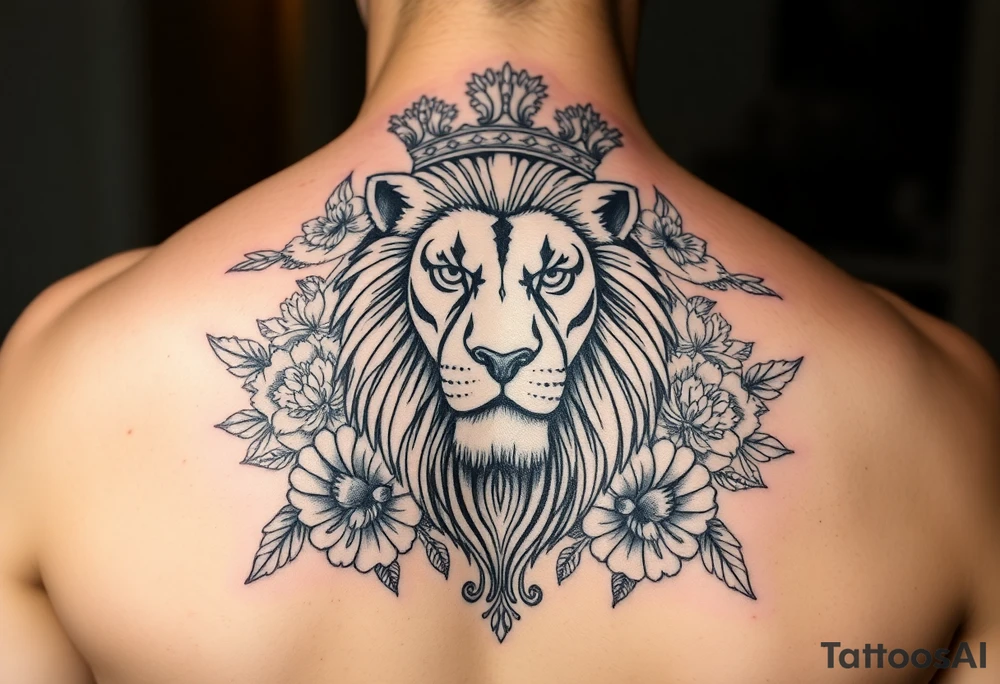 powerful majestic lion with a crown, surrounded by floral ornaments and birds tattoo idea