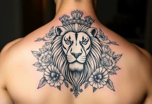 powerful majestic lion with a crown, surrounded by floral ornaments and birds tattoo idea