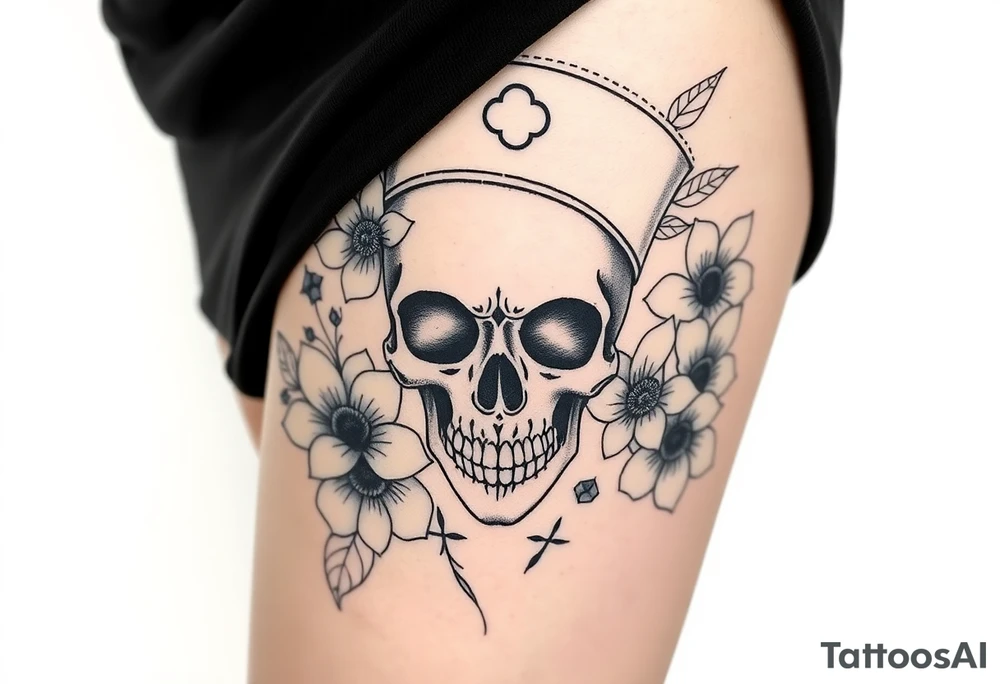 Nurse skull face with flower’s and honey combs background tattoo idea