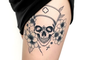 Nurse skull face with flower’s and honey combs background tattoo idea