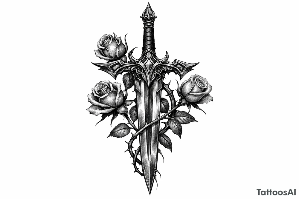 Intricate black and grey filigree sword with delicate rose buds. tattoo idea