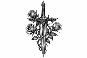 Intricate black and grey filigree sword with delicate rose buds. tattoo idea