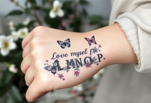 Love myself First with butterflies and flowers 
Letters L,M,N,O,P discreetly hidden among the foliage tattoo idea
