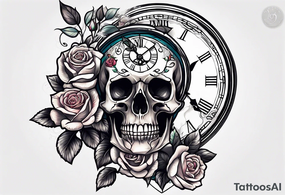 Skeleton with roses with clock tattoo tattoo idea