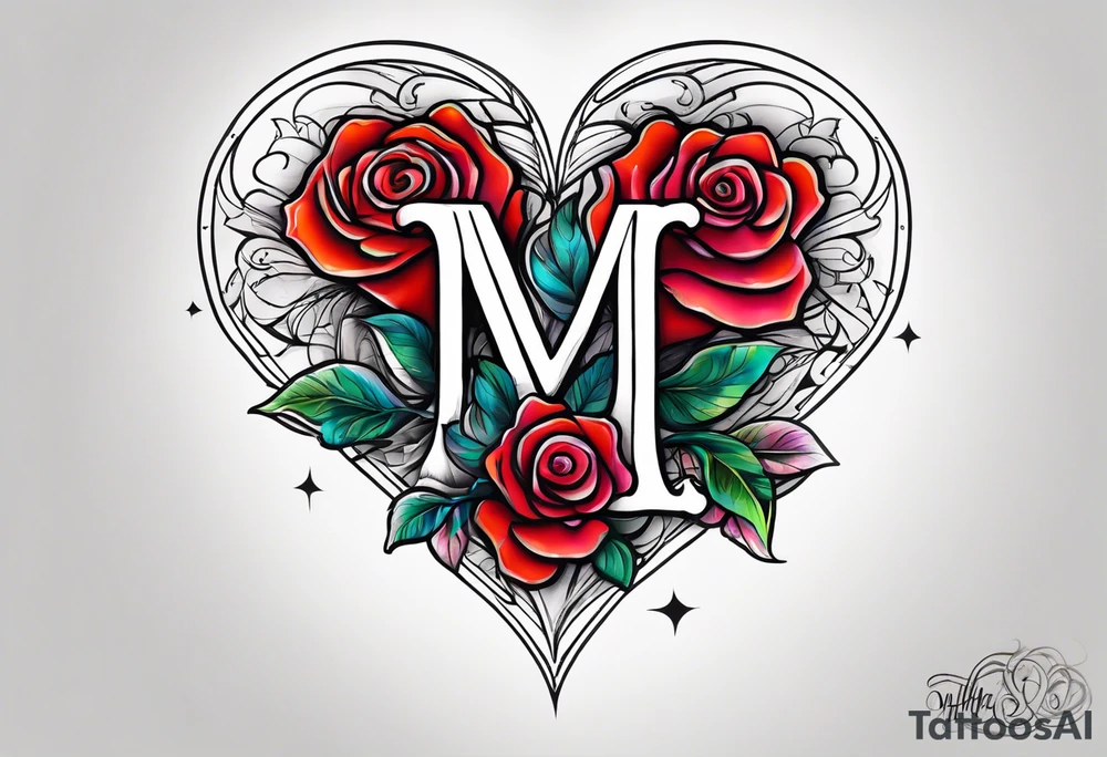 Letter M heart roses tattoo idea