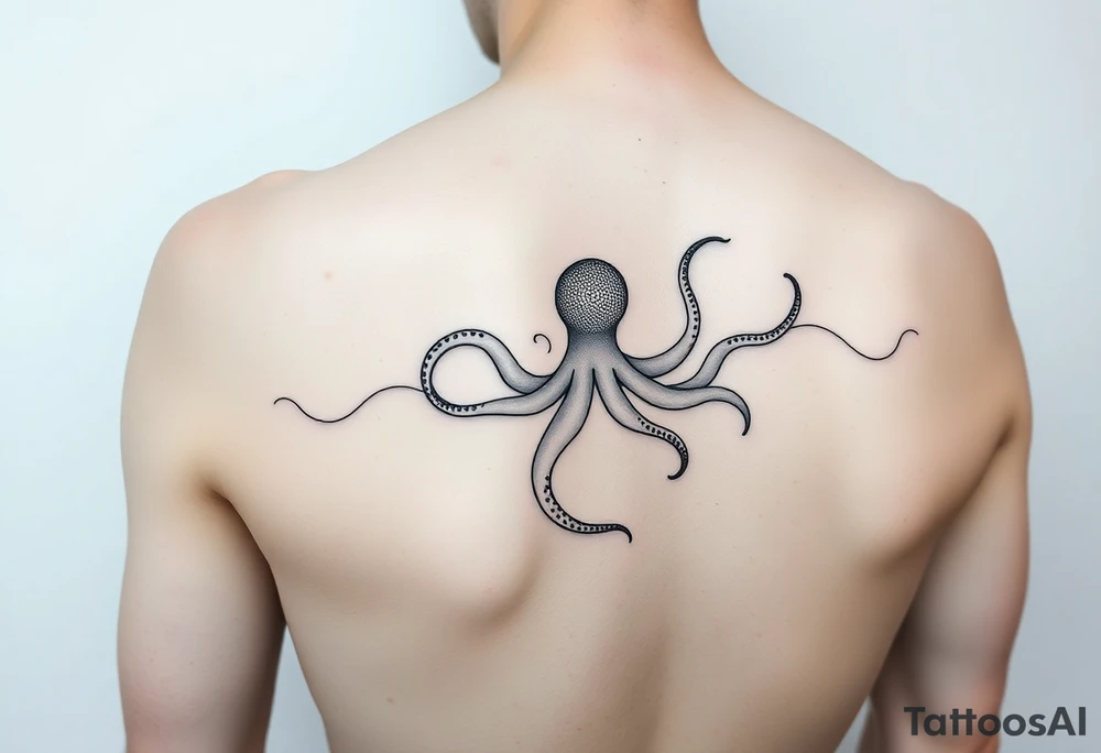 Delicate, abstract linework tattoo flowing, in a fine-line minimal style. The composition mimics ink or oil floating in water, with smooth organic curves and swirls. Hidden within the pattern is a subtle silhouette or suggestion of an octopus – its tentacles seamlessly integrated into the flowing design, almost like a mirage. The tattoo should have the feel of liquid movement, like gasoline on water, iridescent and ethereal, but rendered in clean black ink lines. Artistic and modern, feminine and elegant, non-literal. Inspired by contemporary abstract tattoo artists like Pis Saro and Balazs Bercsenyi.psychedelic dotwork sacred geometry sleeve tattoo idea