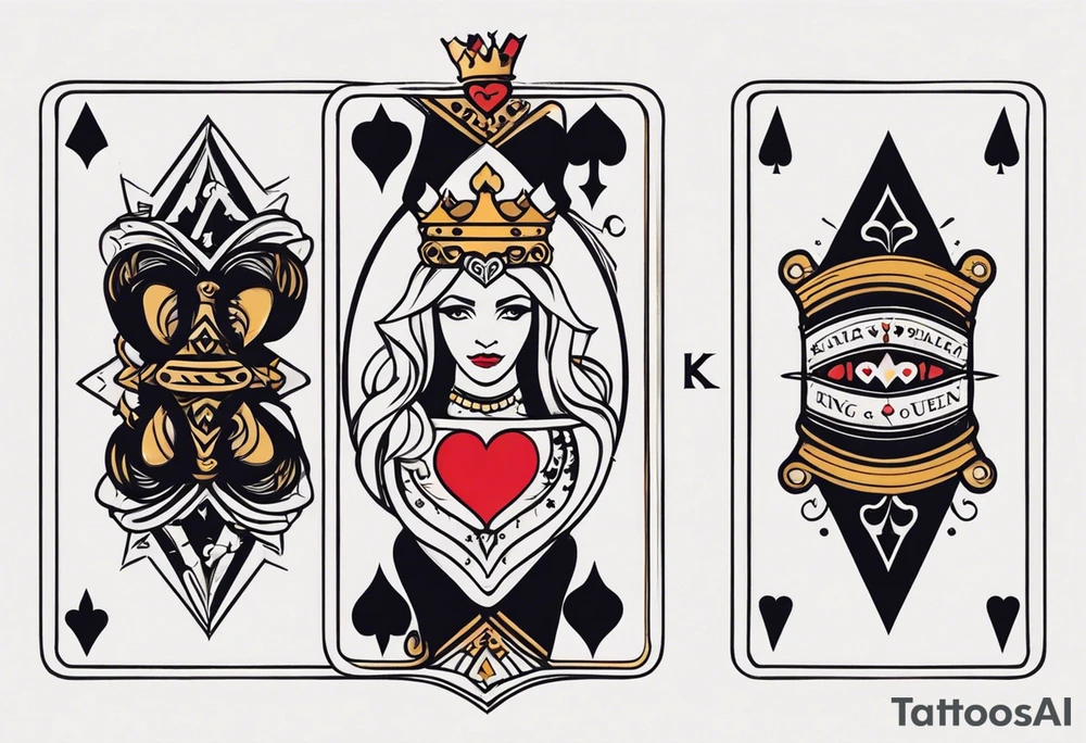 one combined tatto in minimalistic style with three king of spades and one queen of hearts tattoo idea