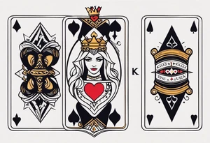 one combined tatto in minimalistic style with three king of spades and one queen of hearts tattoo idea