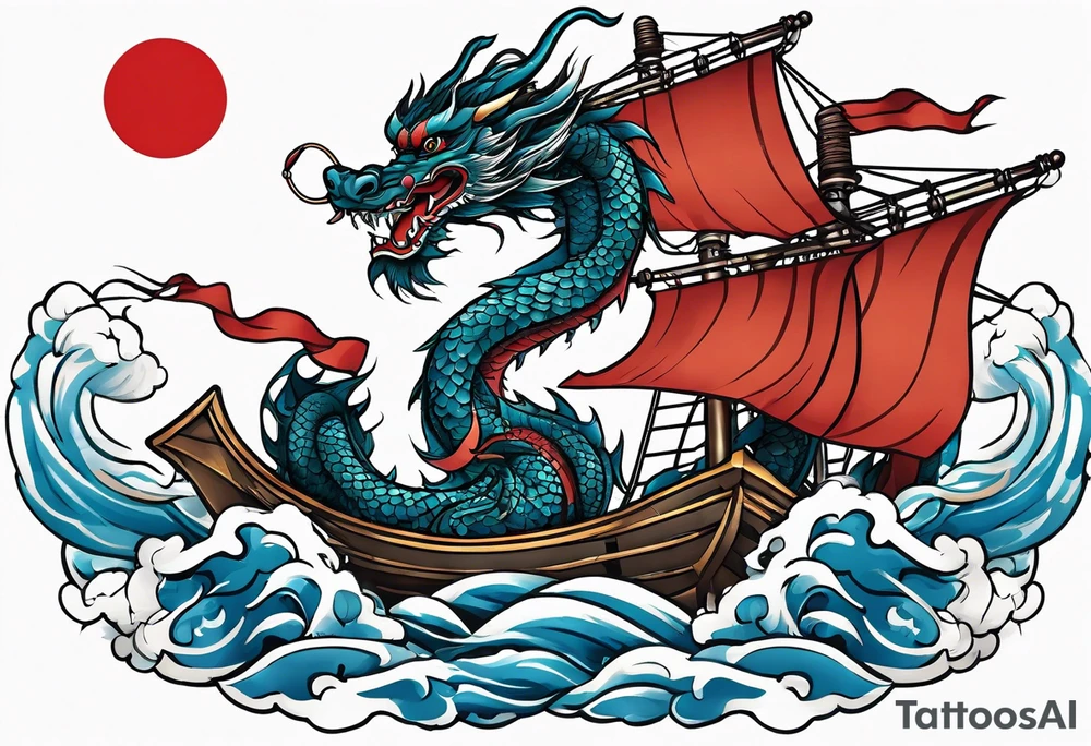 Asian dragon wrapping around a ship anchor centered on the Korean flag tattoo idea