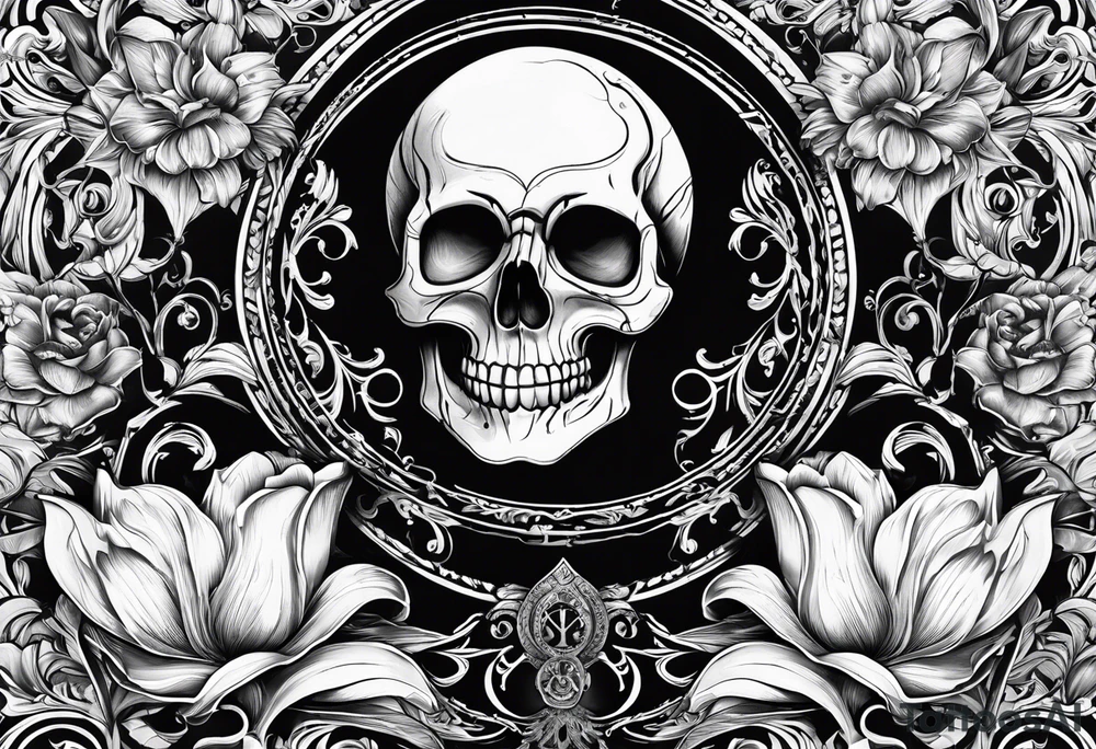 Tulip, Skull, hourglass all separate. With Amor Fati and Memento Mori in circled tattoo idea