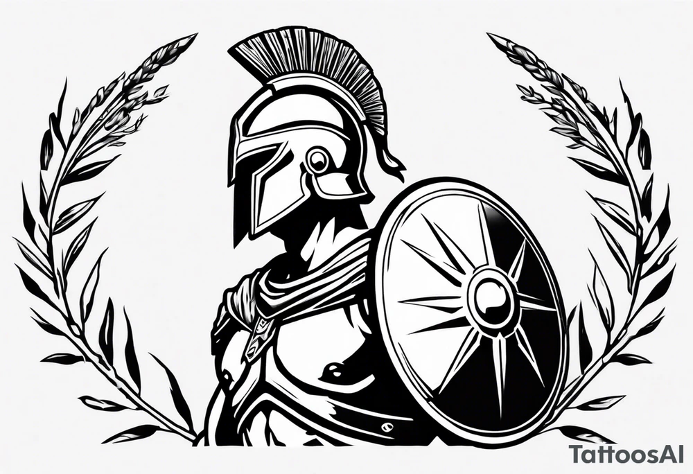 rectangular landscape format ultra-fine line linework vector of a spartan from the side, spartan spear, spartan shield, laurel wreath tattoo idea