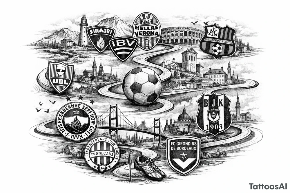 Iceland x3 (sindri, ibv, stjarnan) Italy x2 (Verona, Sassuolo) Spain (Logrono) Turkey x2 (Fenerbahce, Besiktas) Hungary (Fradi) France (Bordeaux) Something to do with football journey, Fine line surreal style tattoo idea