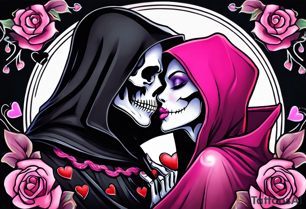 new school tattoo of a male grim reaper with black cloak kissing a female grim reaper in a bright pink cloak with small hearts in pink and red surrounding them , her lips turning from a skeleton to the rest of her face turning into normal skin tattoo idea