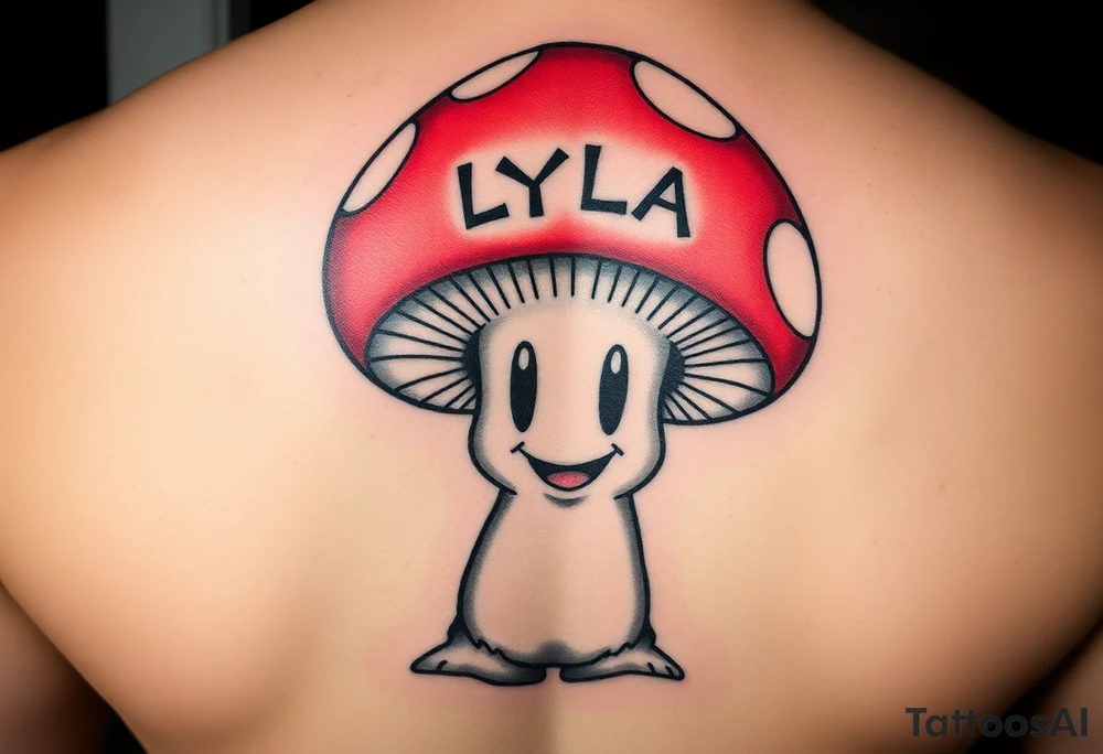 A POWERFUL AND UNIQUE MUSHROOM.. THE MUSHROOM IS PSYCHADELLIC AND GROVING A HAPPY FACE. THE MUSHROOM HAS A SIMPLE SMILING HAPPY FACE IN THE STEM. THE CAP IS LARGE AND RESEMBLES TOAD FROM MARIO. THE CAP OF THE MUSHROOM IS RED. THERE ARE WHITE SPOTS ON THE CAP OF THE MUSHROOM. LYLA IS SPELLED IN WHITE ONTO THE TOP OF THE CAP OF THE MUSHROOM. THE IDEA IS THAT THE MUSHROOM RESEMBLES A CHILD THAT IS NAMED LYLA tattoo idea