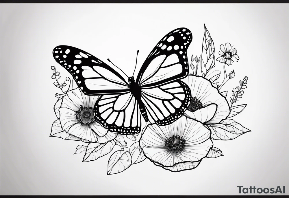 reate a black and white fine line tattoo of a monarch butterfly, ensuring that poppy flowers are only inside the top halves of the wings, clearly contained within the wing outlines, with a minimalistic style and intricate details, while the bottom halves of the wings are simple and unadorned tattoo idea