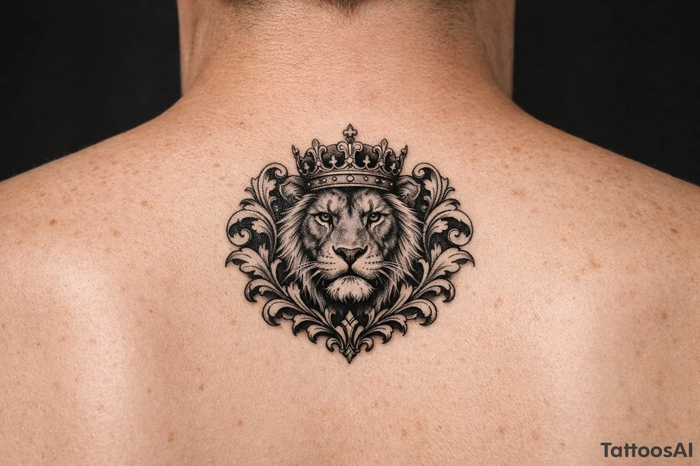 powerful majestic lion with a crown, framed by ornate floral scrollwork tattoo idea