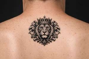 powerful majestic lion with a crown, framed by ornate floral scrollwork tattoo idea